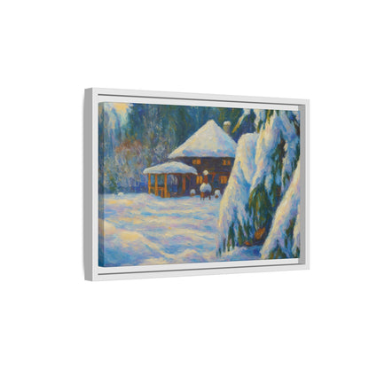 Framed matte canvas wall art featuring a snowy cabin winter landscape, perfect for cozy home decor.