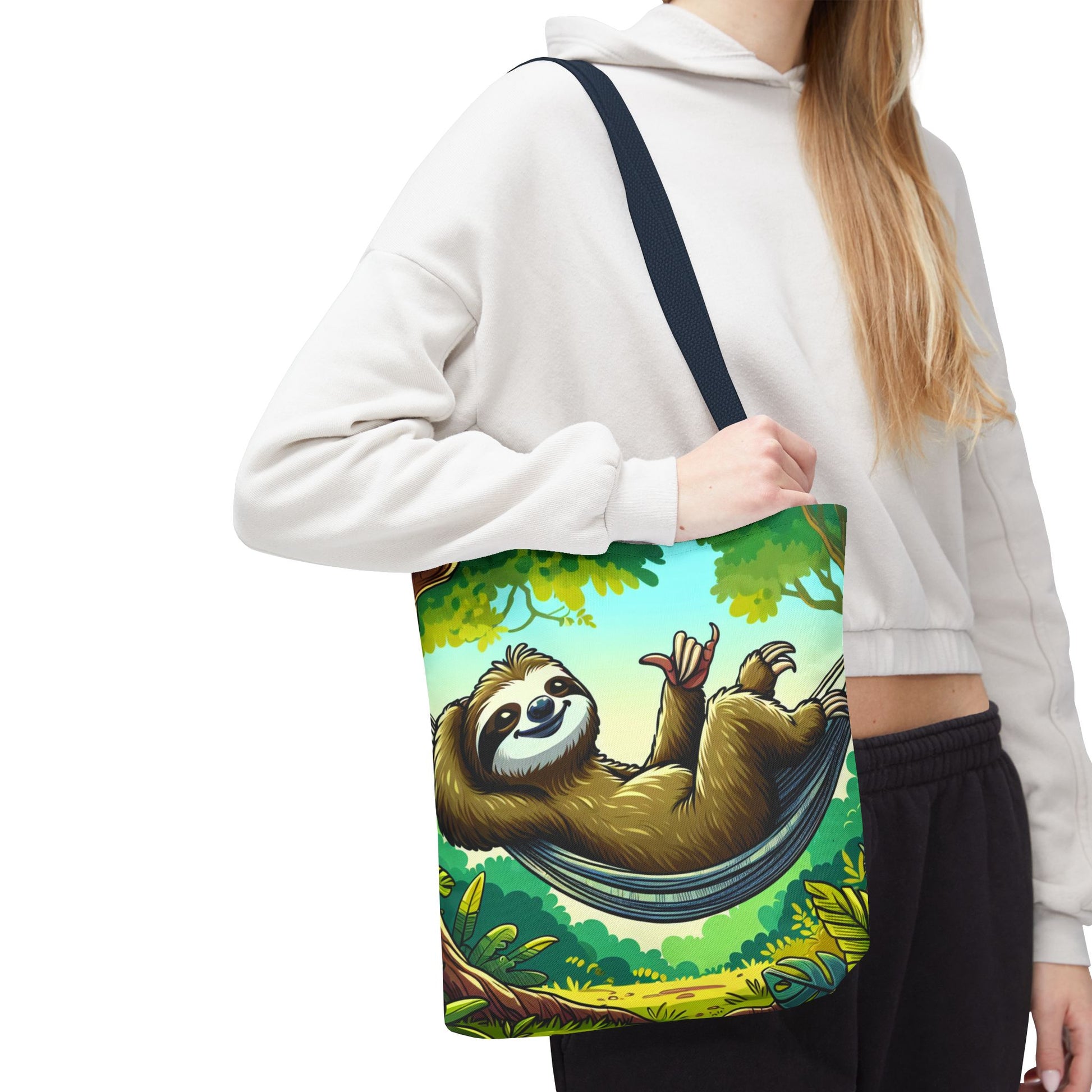 Eco-friendly sloth tote bag featuring a cute sloth design, perfect for animal lovers, made by Printify.