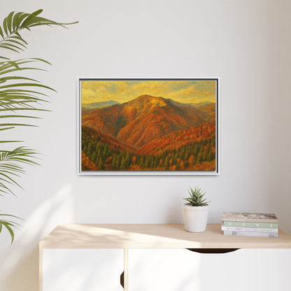 Autumn mountain matte canvas framed wall art by Printify, featuring a scenic mountain landscape in warm autumn tones.