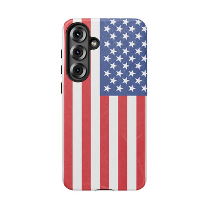 American flag tough phone case for iPhone, durable patriotic design with bold stars and stripes, made by Printify.