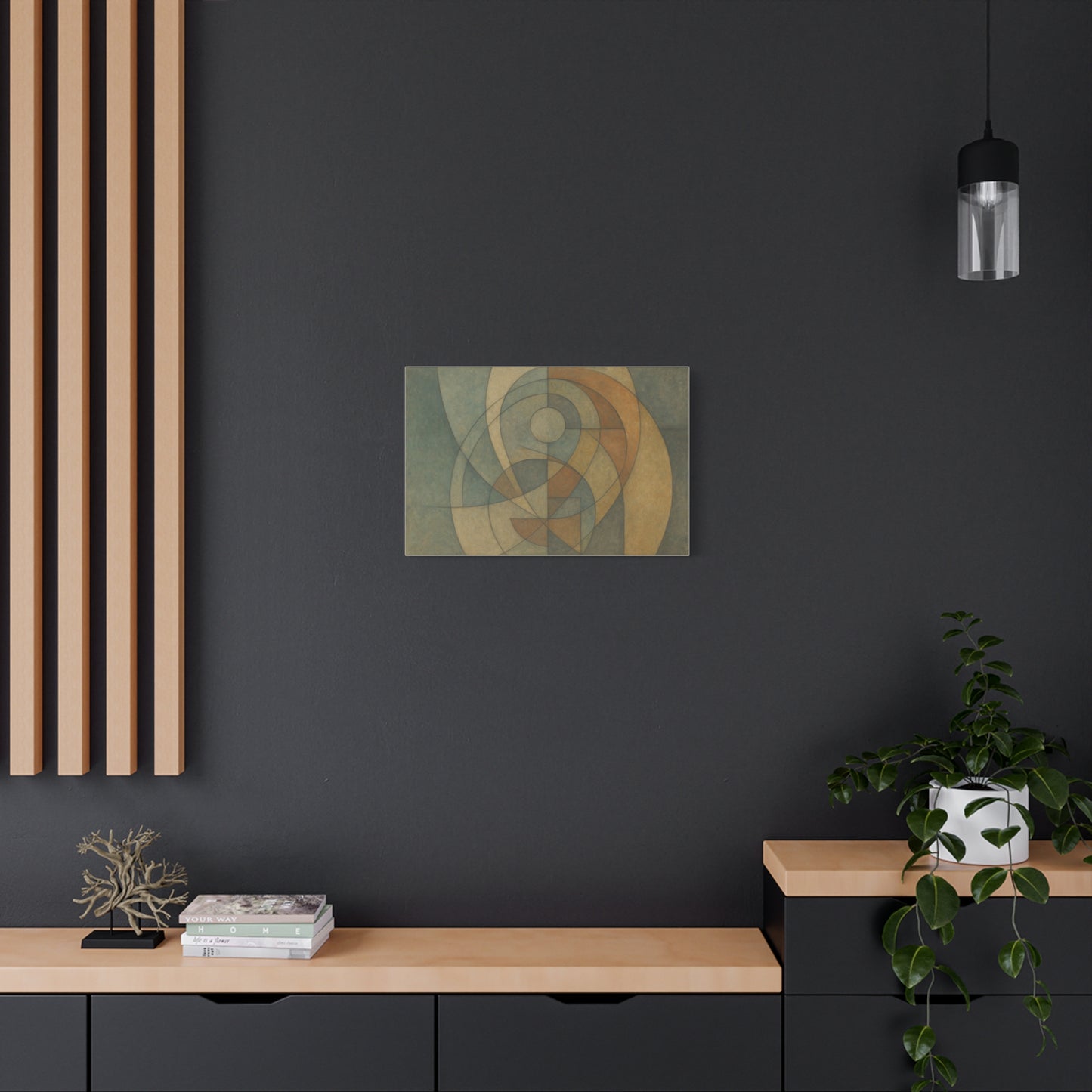Abstract geometric circles on a matte canvas, modern wall art by Printify showcasing colorful circle patterns.