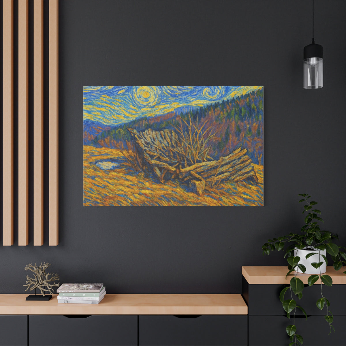 Impressionist Starry Landscape canvas print by Printify, featuring a vibrant night sky scene on a textured canvas.