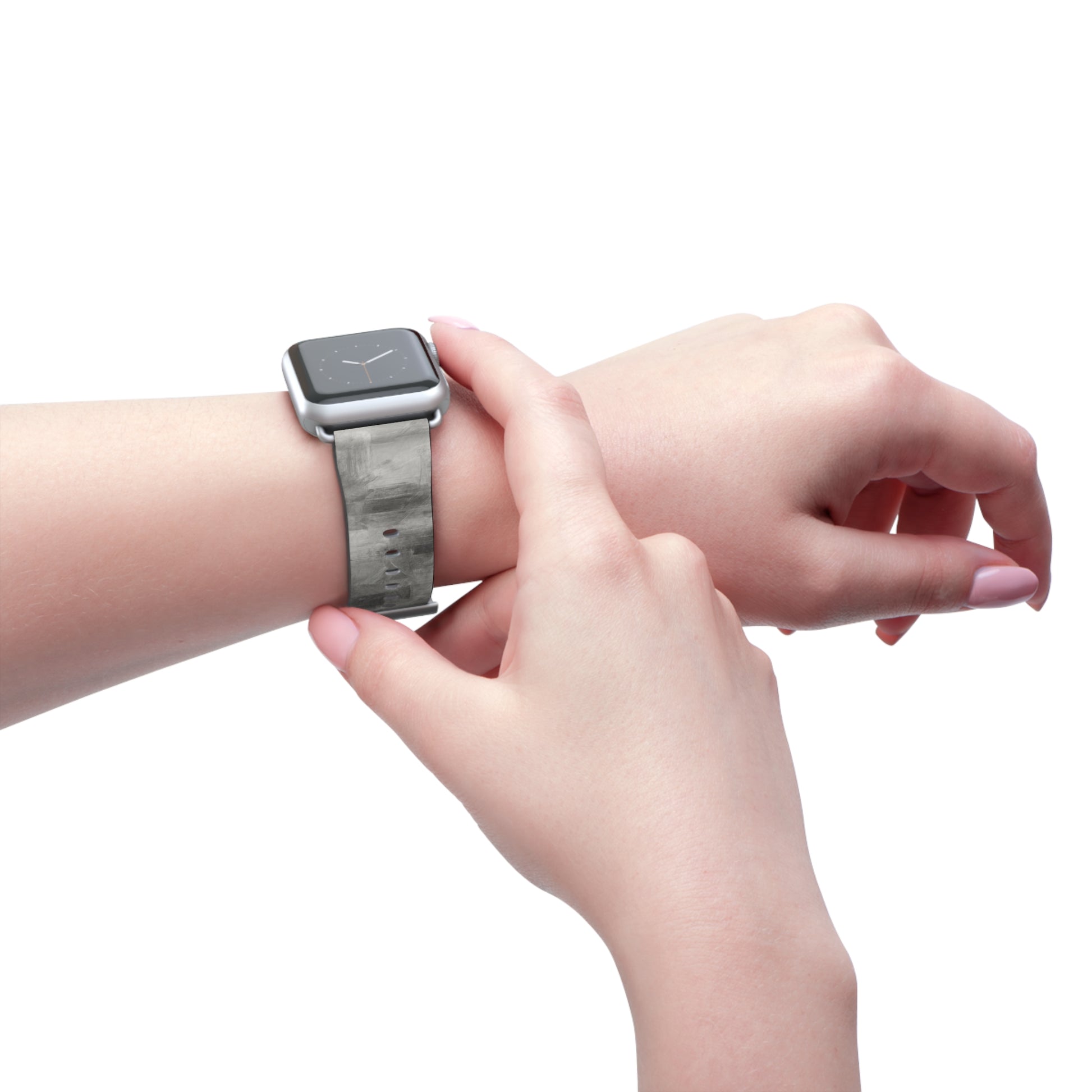 Gray watercolor camouflage Apple Watch band with neutral abstract design, made by Printify, showcasing the adjustable strap and textured pattern.