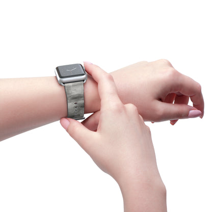 Gray watercolor camouflage Apple Watch band with neutral abstract design, made by Printify, showcasing the adjustable strap and textured pattern.