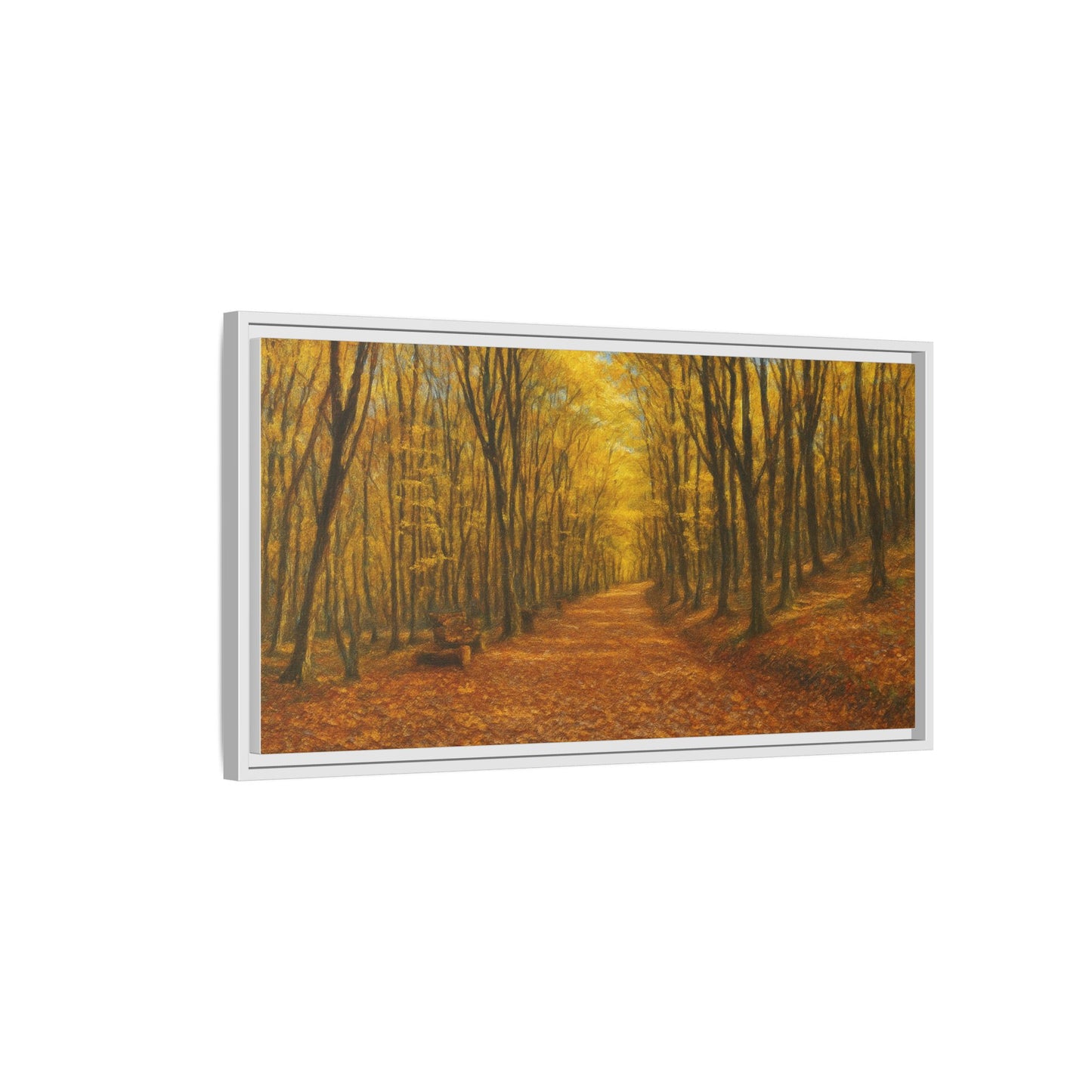 Autumn Forest Path matte canvas framed wall art by Printify showing a scenic forest trail in fall colors.