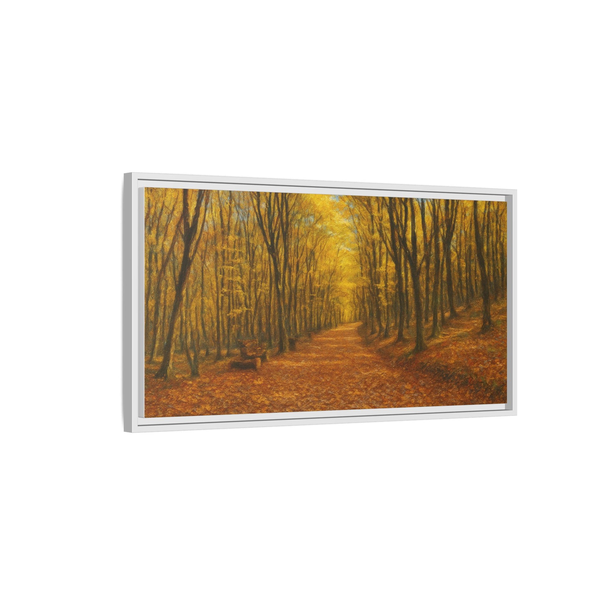 Autumn Forest Path matte canvas framed wall art by Printify showing a scenic forest trail in fall colors.