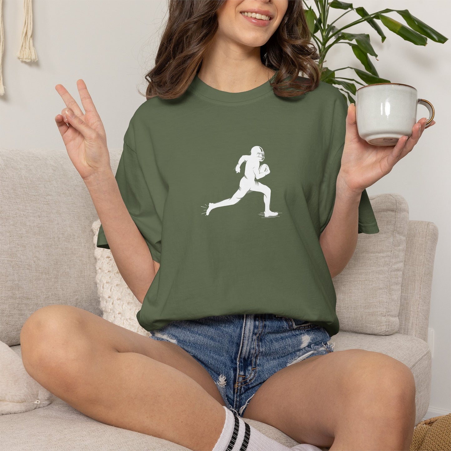 Sporty Unisex Garment-Dyed T-Shirt with Football Player Graphic, Activewear, Casual Wear, Gift for Runners, Fitness Apparel, Everyday Style