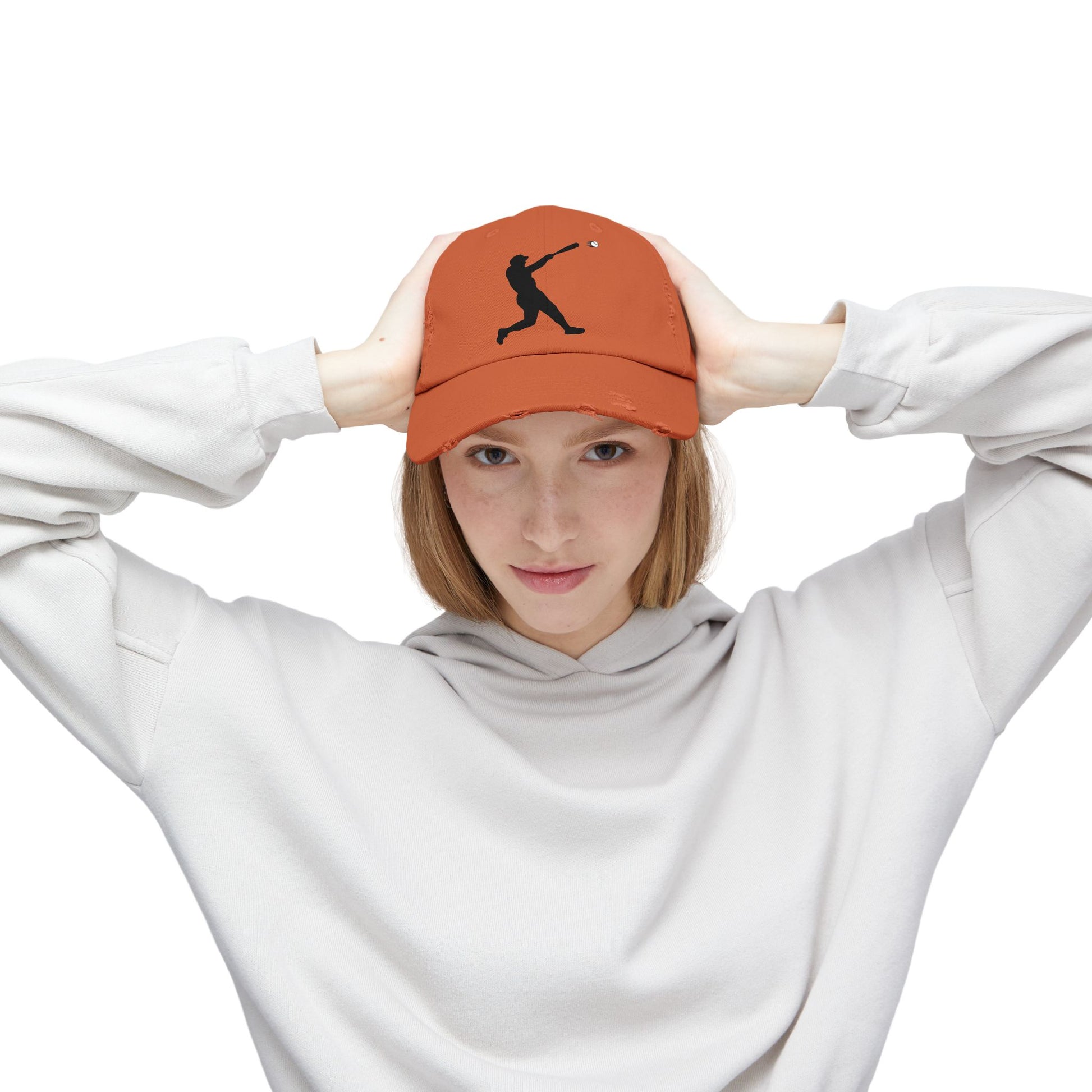 Distressed baseball cap with silhouette batter design, casual style hat by Printify, showing front view with adjustable strap