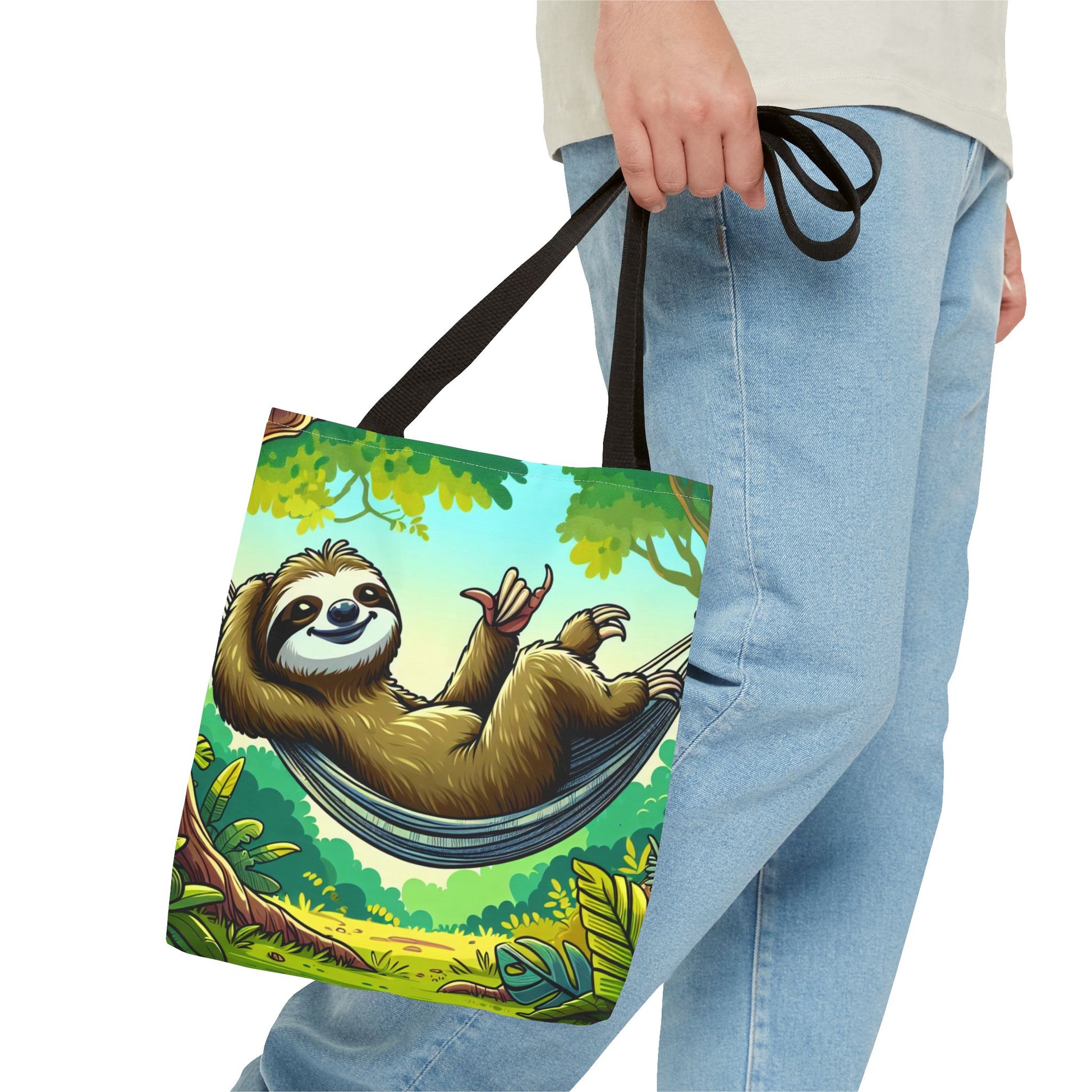 Printify sloth tote bag featuring a cute sloth illustration, eco-friendly design, perfect for animal lovers and casual outings.