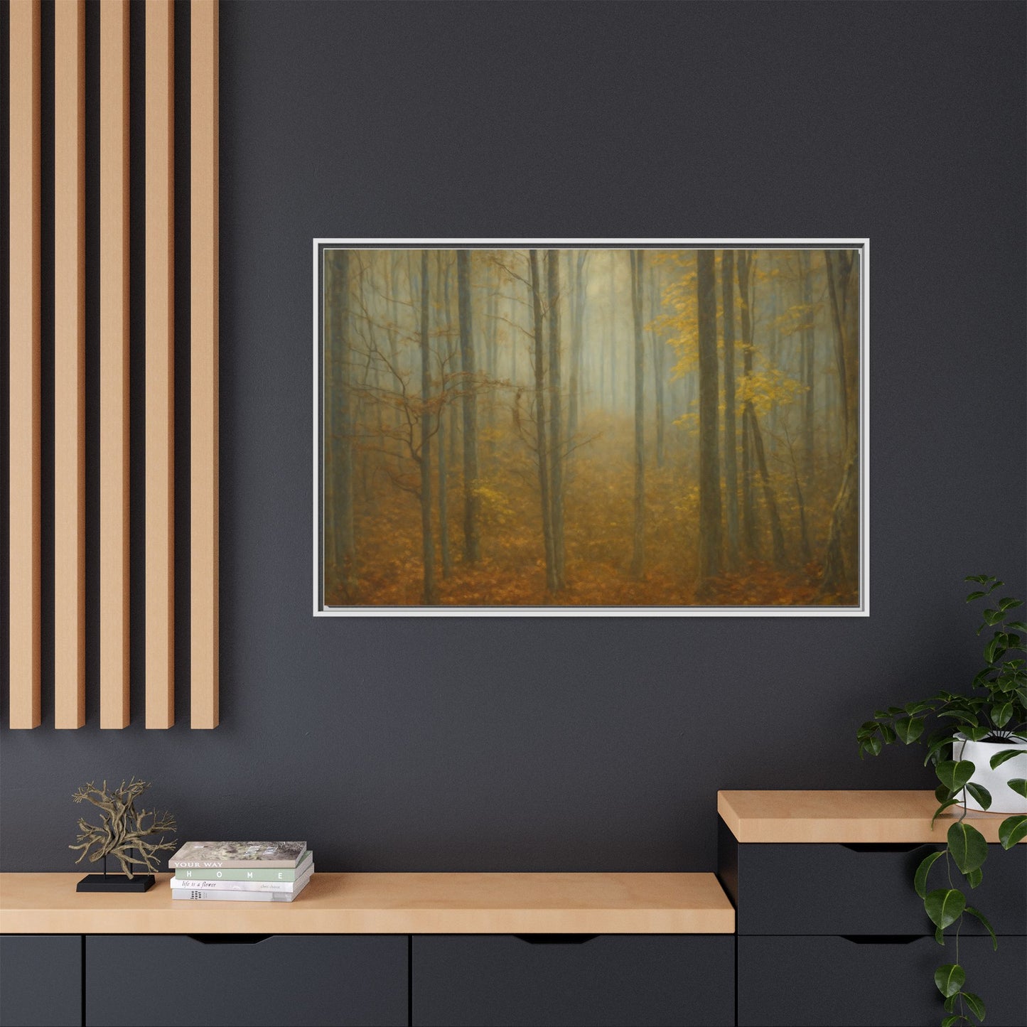 Framed matte canvas wall art of a misty autumn forest scene, featuring vibrant fall colors and detailed tree imagery.