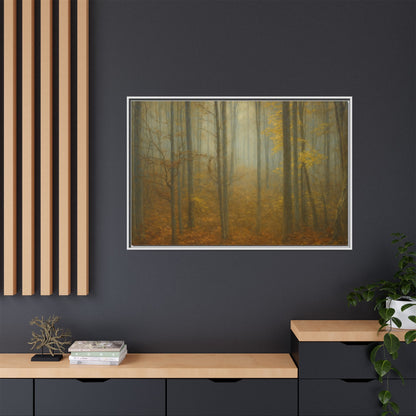 Framed matte canvas wall art of a misty autumn forest scene, featuring vibrant fall colors and detailed tree imagery.