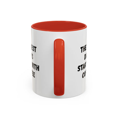Ceramic coffee mug with "The Best Days Start With Coffee" quote, 11oz capacity, printed by Printify, white ceramic design