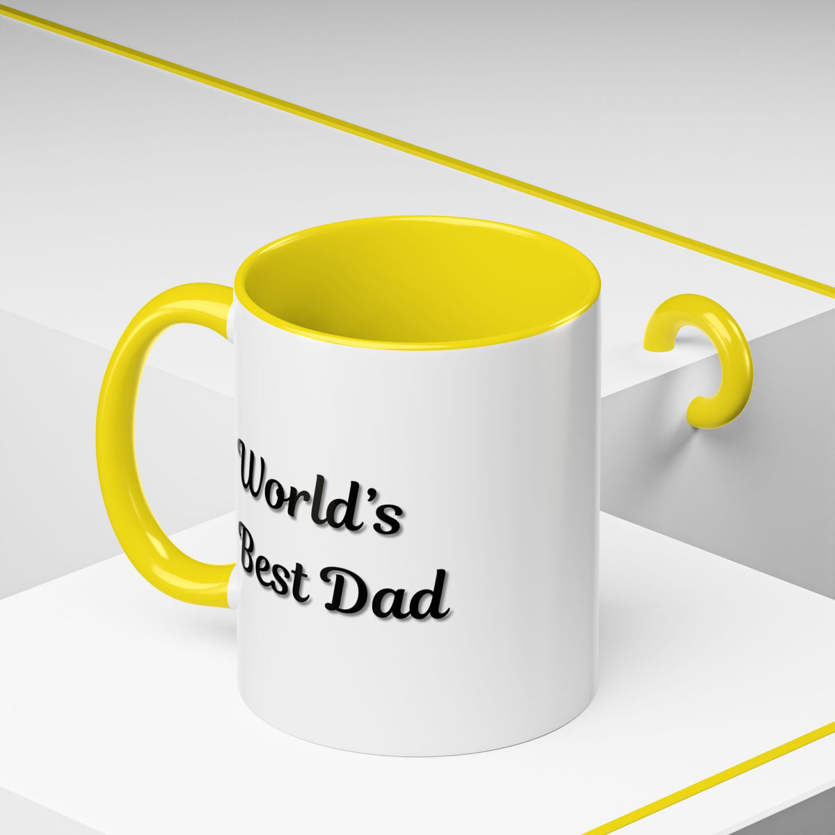 Black trim coffee mug with "World's Best Dad" accent design, 11oz or 15oz capacity, by Printify.