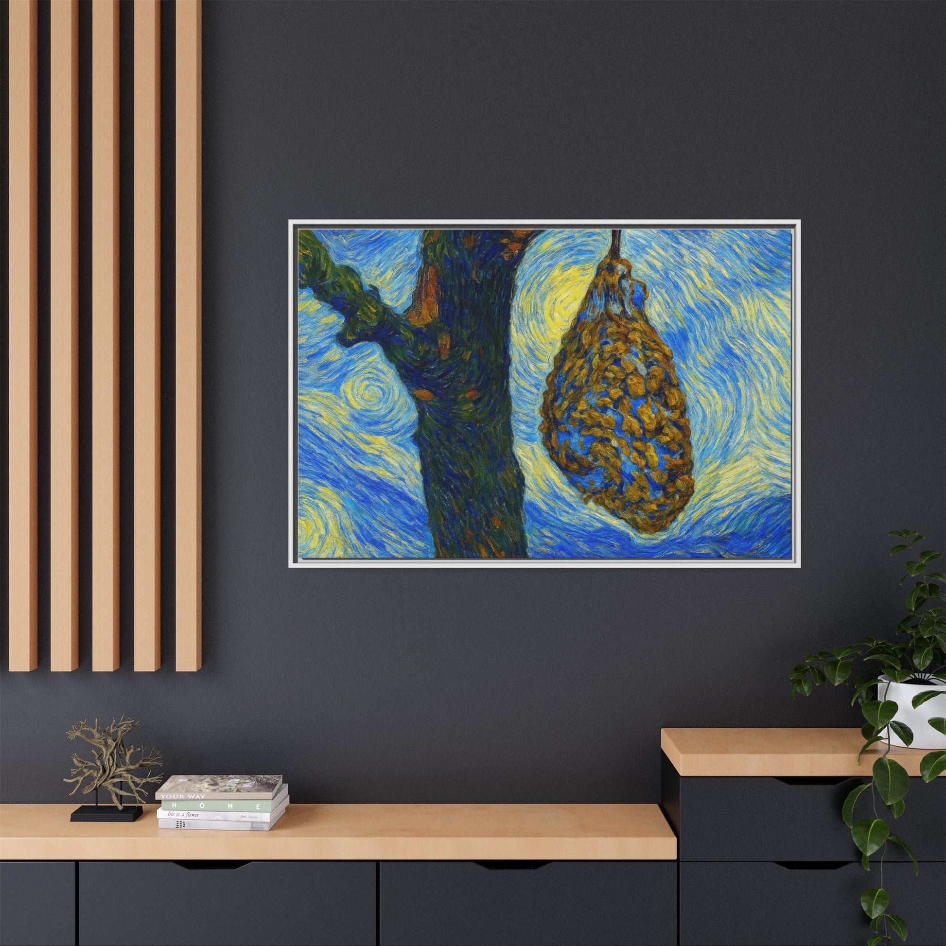 Framed matte canvas art of a starry nut cluster in a dried plum tree by Printify, showcasing detailed botanical imagery.