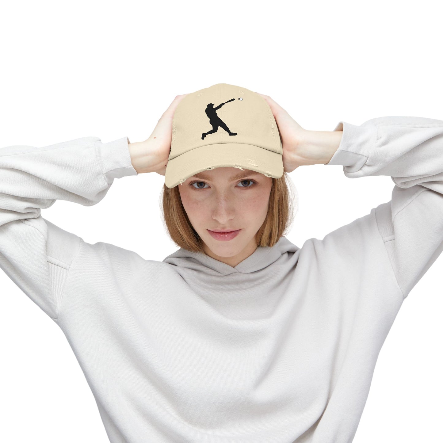Distressed baseball cap with silhouette batter design, casual hat from Printify, showing worn fabric and sporty style.
