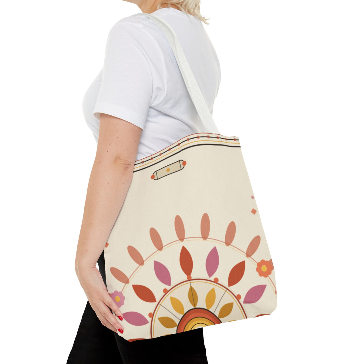 Boho floral mandala tote bag with pastel sunburst pattern, featuring a spacious bag design from Printify.
