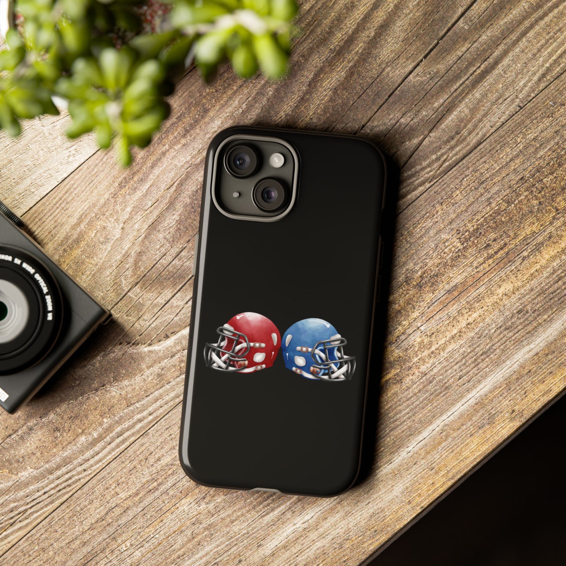 Red and blue football helmet tough phone case for iPhone, protective Printify cover with sporty design on a white background.