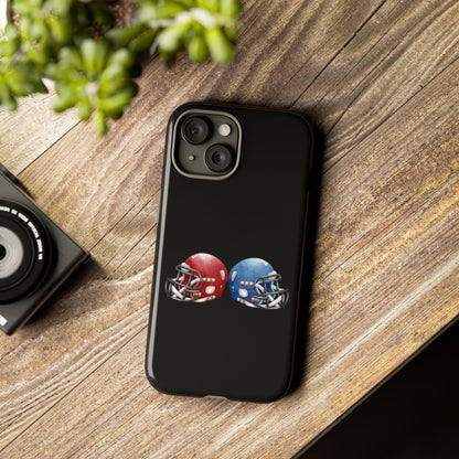 Red and blue football helmet tough phone case for iPhone, protective Printify cover with sporty design on a white background.