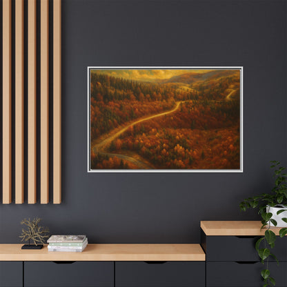 Framed matte canvas print of autumn forest road landscape wall art by Printify, showcasing vibrant fall trees and serene nature scene.