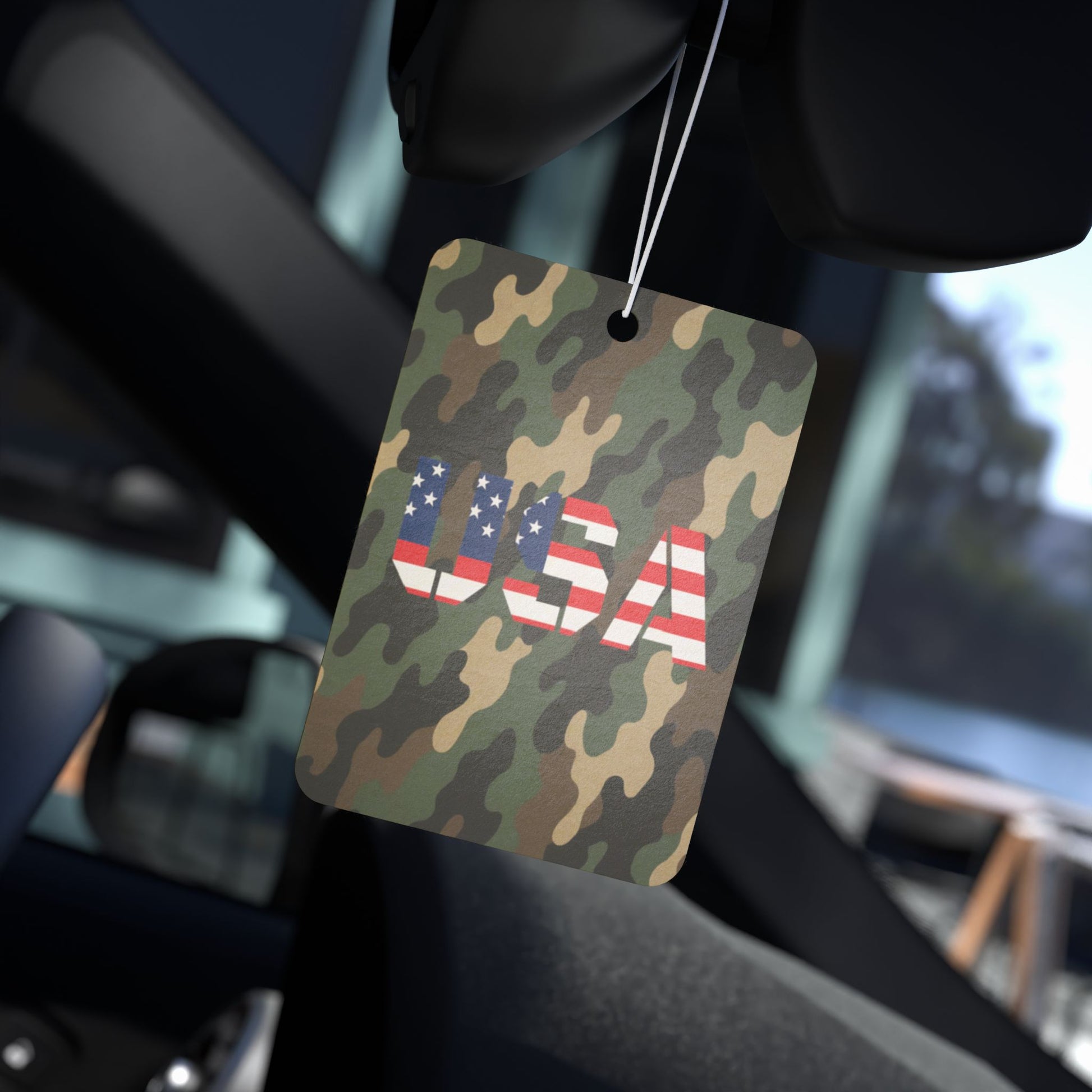 USA camo car air freshener by Printify featuring patriotic camouflage design, perfect as a gift for veterans.