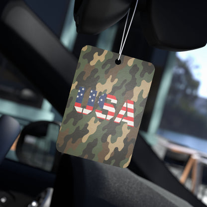 USA camo car air freshener by Printify featuring patriotic camouflage design, perfect as a gift for veterans.