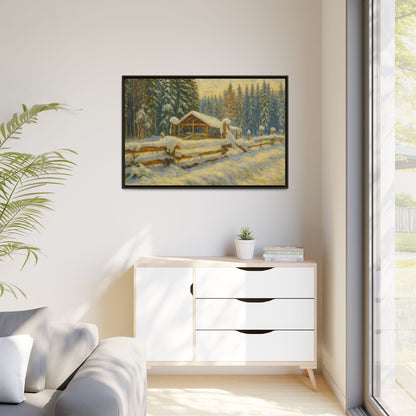 Snowy cabin winter landscape canvas wall art by Printify, featuring a cozy snowy scene with a framed matte finish.