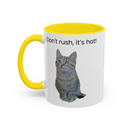 Cat Coffee Mug - "Don't rush, it's hot!" Accent Ceramic Mug (11/15 oz)