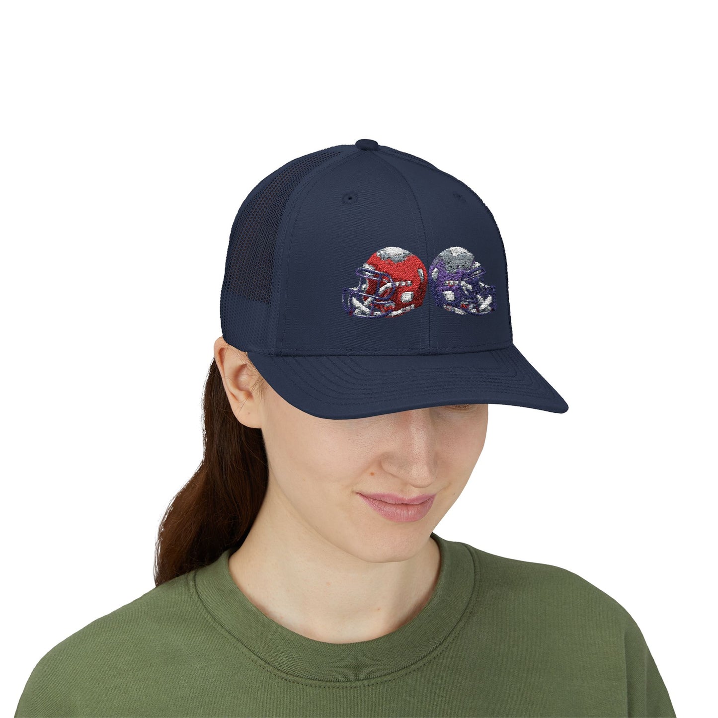 Sporty Snapback Trucker Cap with Football Helmets, Baseball Cap, Outdoor Activity Hat, Gift for Sports Fans, Team Spirit Wear - TRV