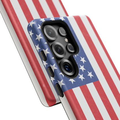 American flag tough phone case for iPhone and Samsung, patriotic protective cover with bold flag design by Printify