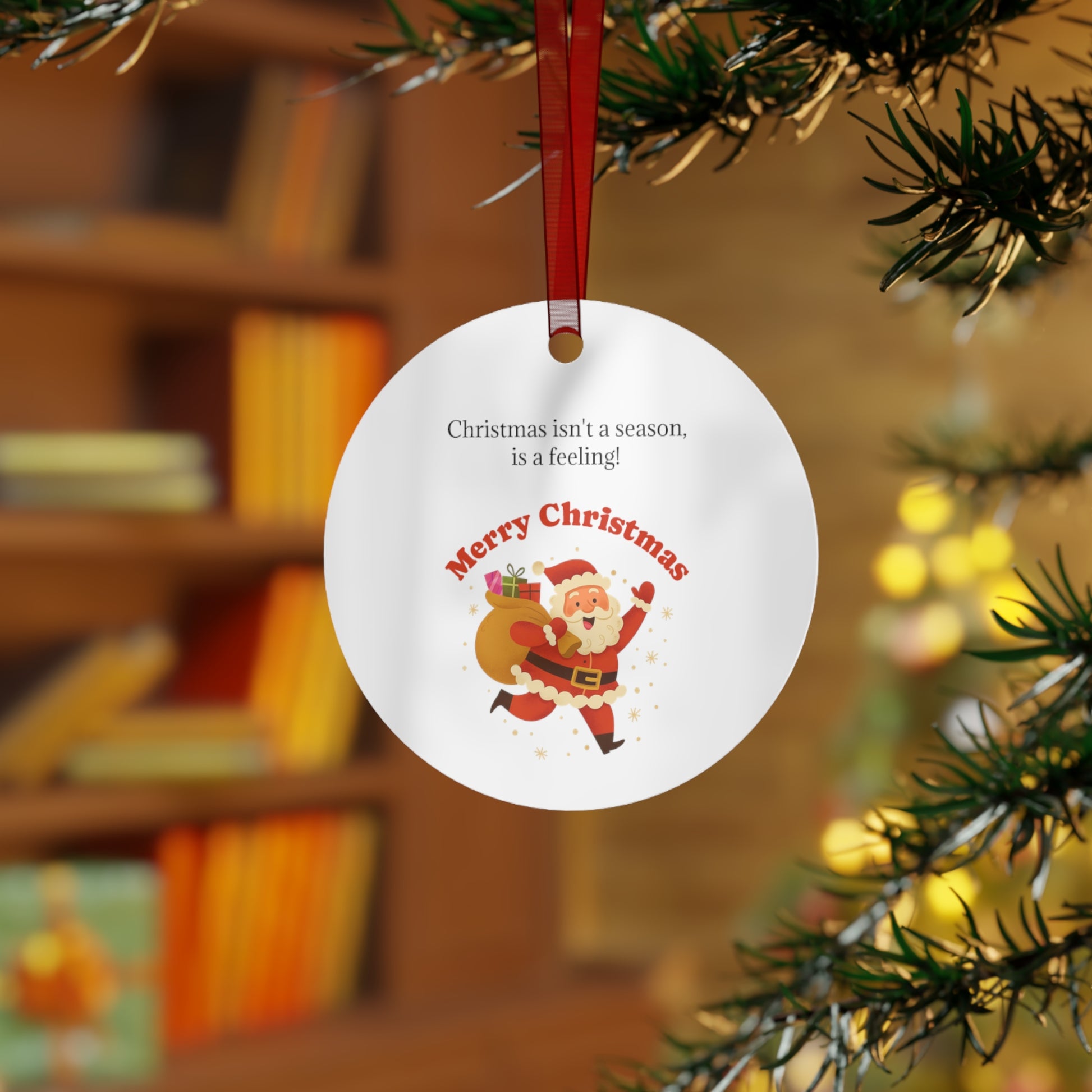 Metal Christmas ornament of Santa with sack in bell shape, holiday decoration by Printify featuring festive Santa design.
