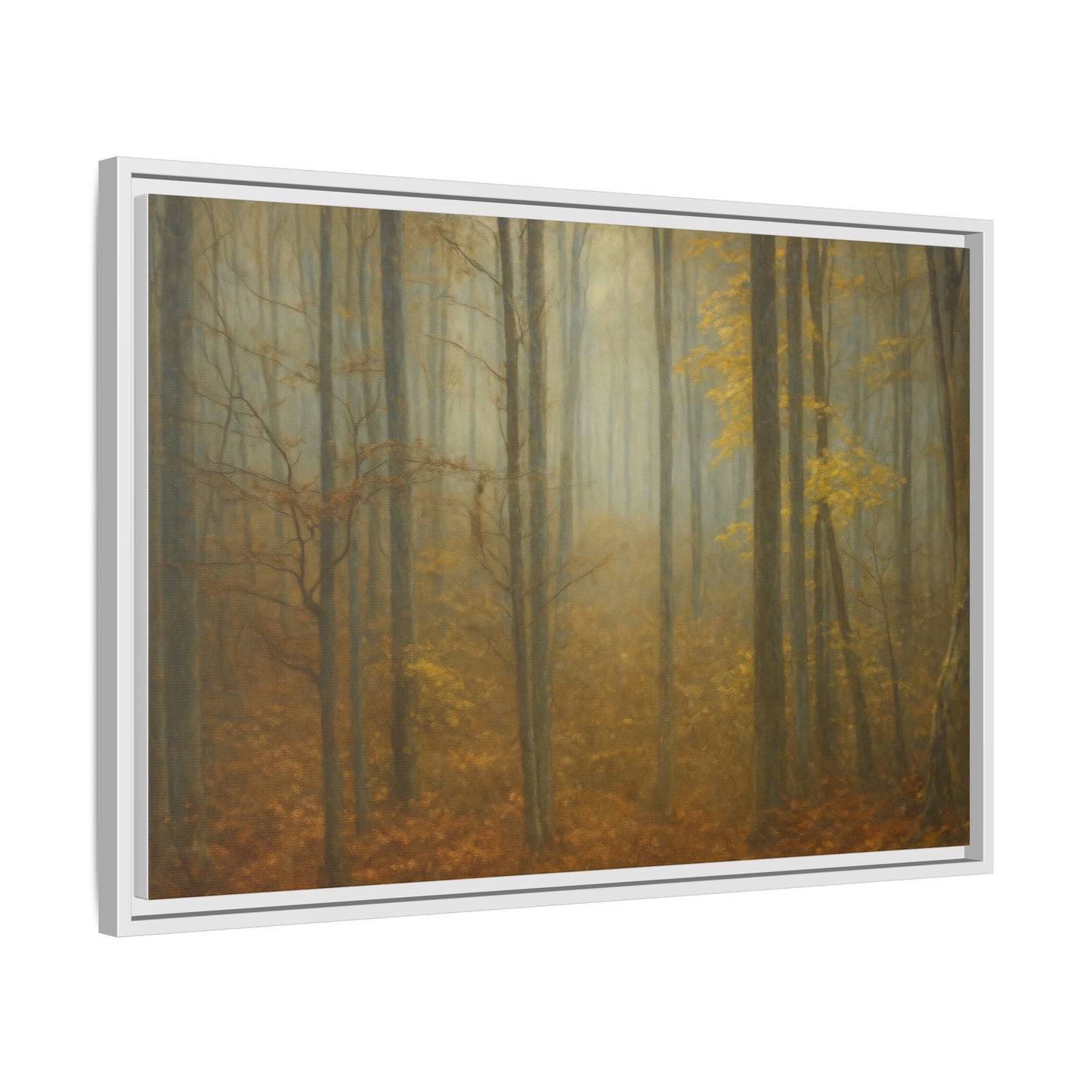 Framed matte canvas wall art depicting a misty autumn forest with vibrant fall foliage, by Printify.