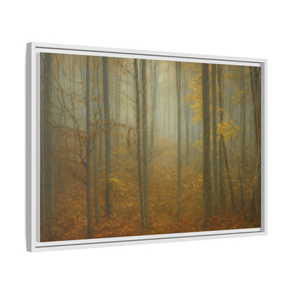 Framed matte canvas wall art depicting a misty autumn forest with vibrant fall foliage, by Printify.