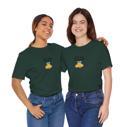 Unisex graphic T-shirt featuring a humorous 69 and French fries design, casual fit, printed by Printify.