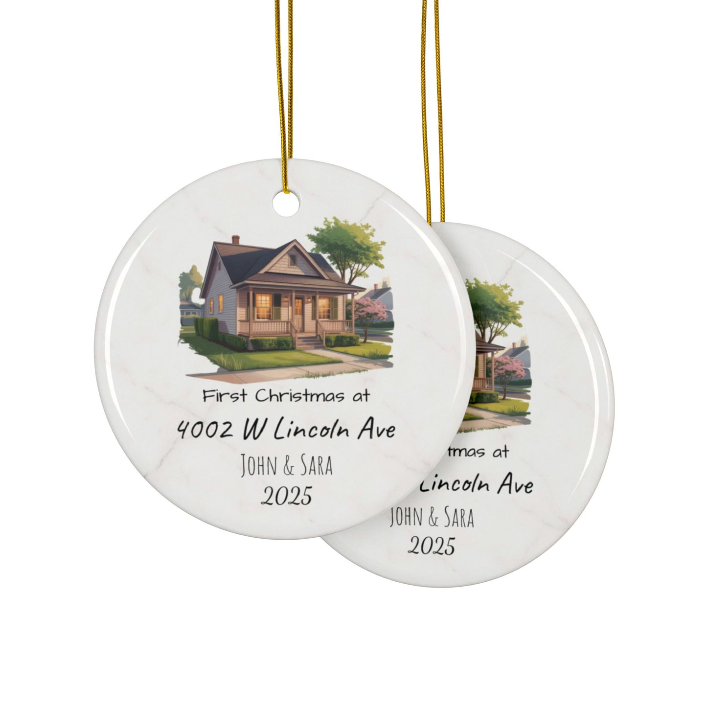 Personalized ceramic ornament with custom house illustration, addresses, and names, featuring a festive 2-sided Christmas design.