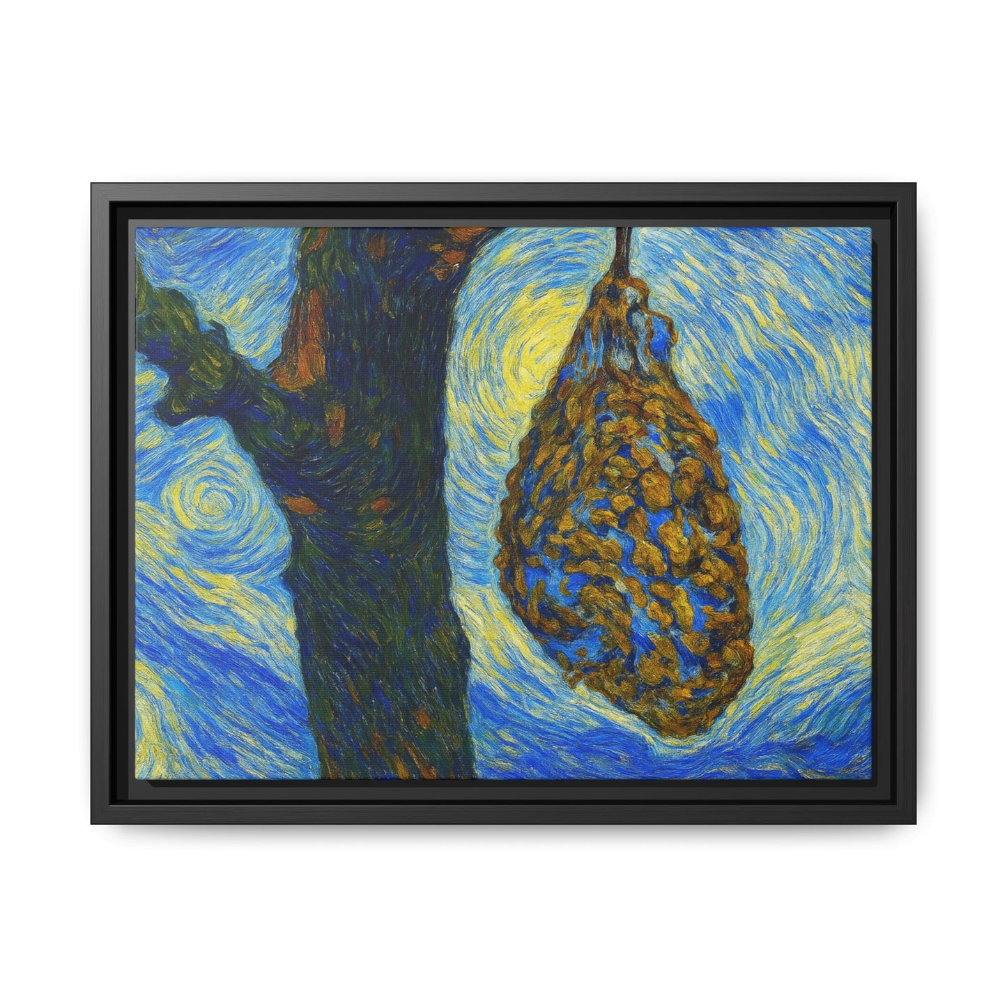 Framed matte canvas art featuring a starry nut cluster with dried plum in a tree, by Printify, displayed on a wall.