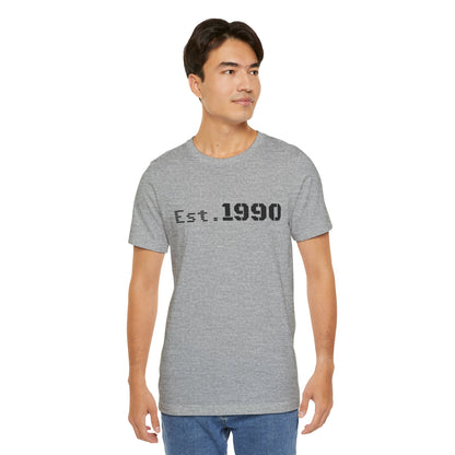 Vintage Est. 1990 T-Shirt by Printify featuring a classic design celebrating the birth year, made from comfortable cotton fabric.