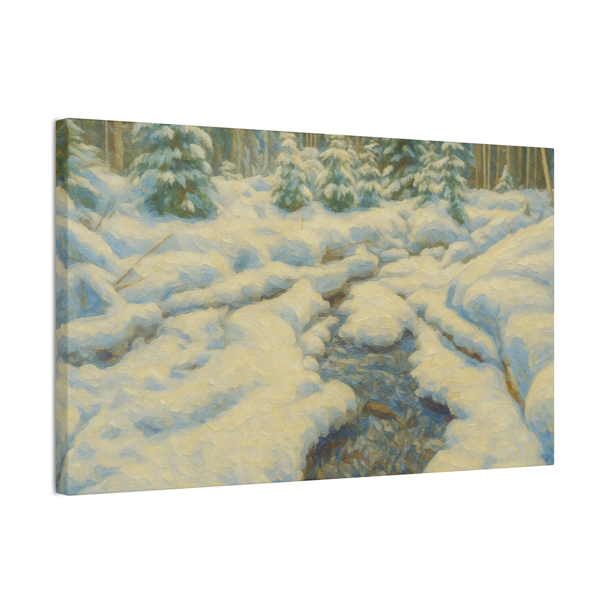 Snowy forest stream winter landscape canvas wall art by Printify, featuring a peaceful snowy forest scene on stretched canvas.