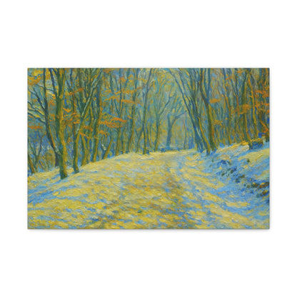 Winter landscape canvas wall art by Printify showing a cozy nature scene, ideal for living room decor.