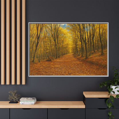 Autumn Forest Path matte canvas wall art framed, featuring a scenic forest trail scene by Printify.