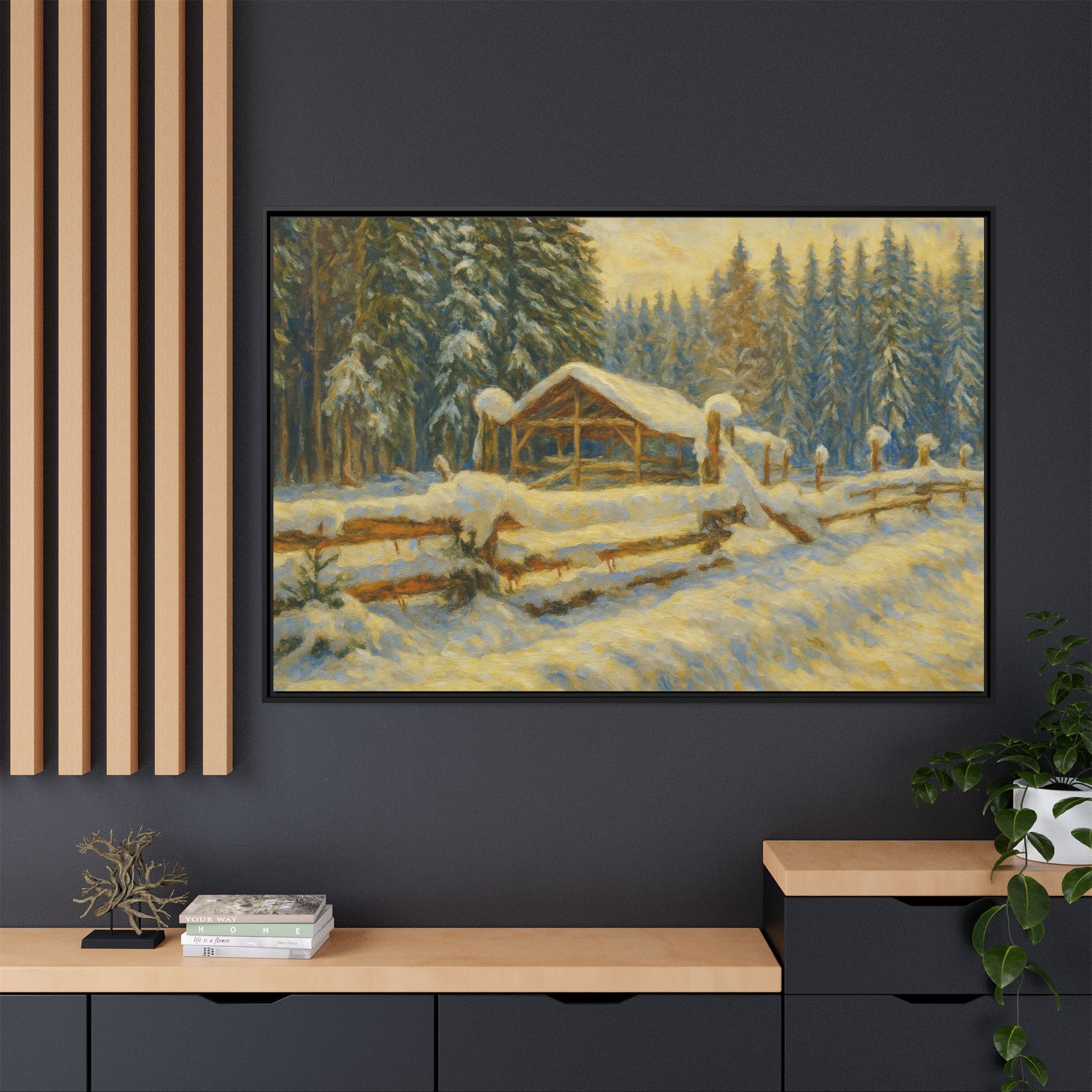 Snowy cabin winter landscape canvas wall art by Printify, featuring a cozy cabin in a snow-covered forest scene.