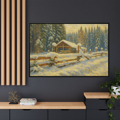 Snowy cabin winter landscape canvas wall art by Printify, featuring a cozy cabin in a snow-covered forest scene.