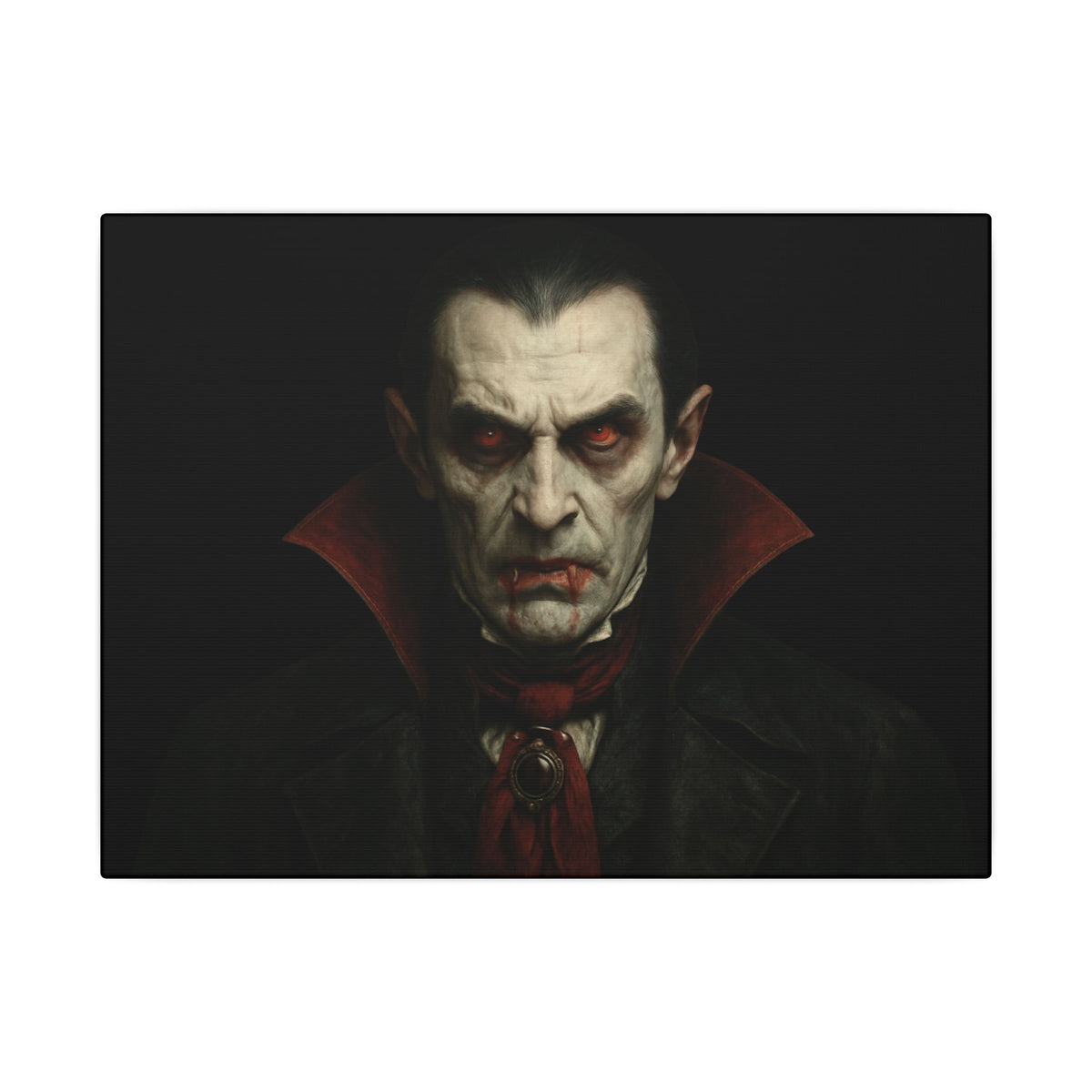 Gothic vampire portrait canvas print featuring Dracula, matte stretched wall art with dark, eerie design for gothic decor.
