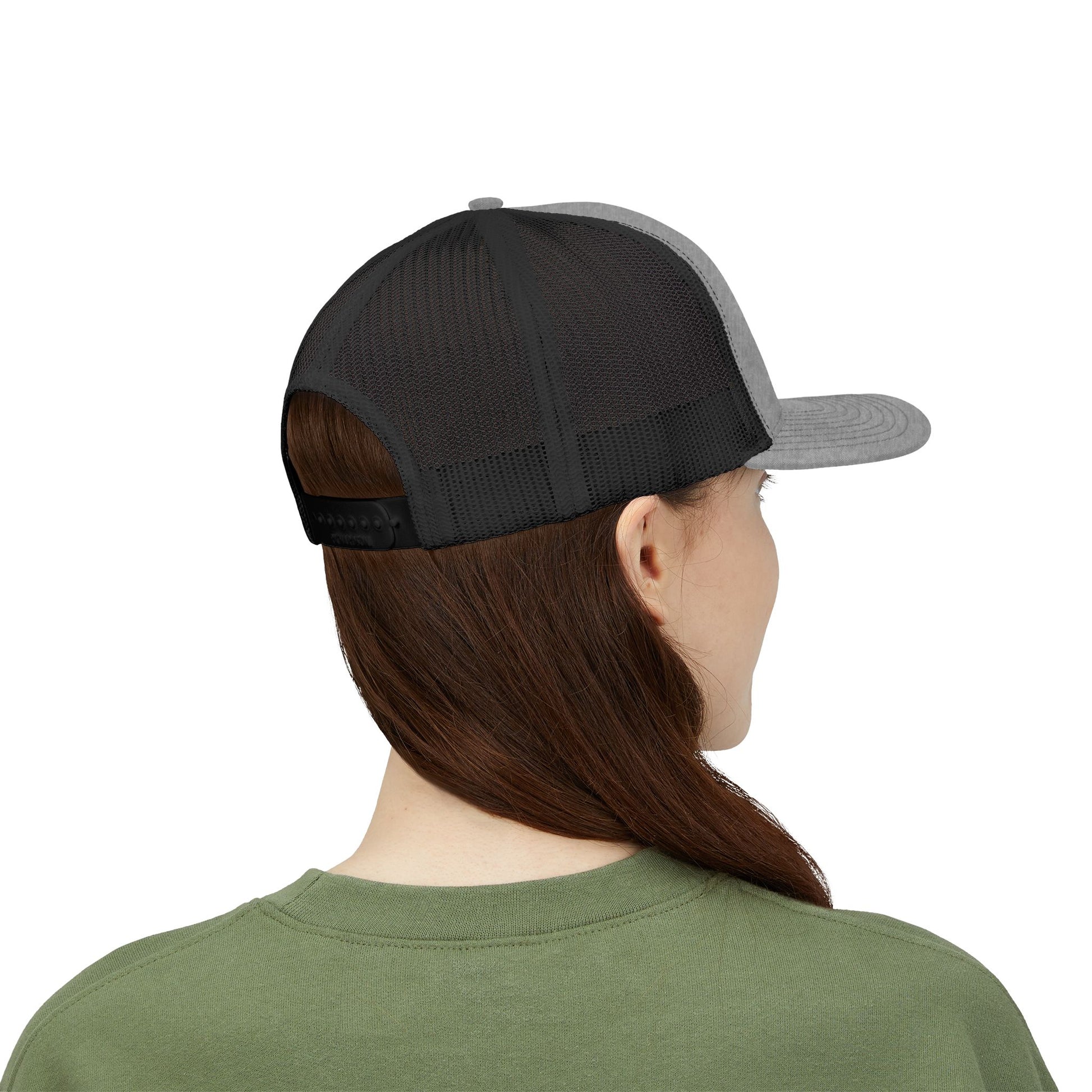 Vintage baseball snapback trucker cap with batter silhouette, printed by Printify, featuring classic trucker hat design and adjustable fit.