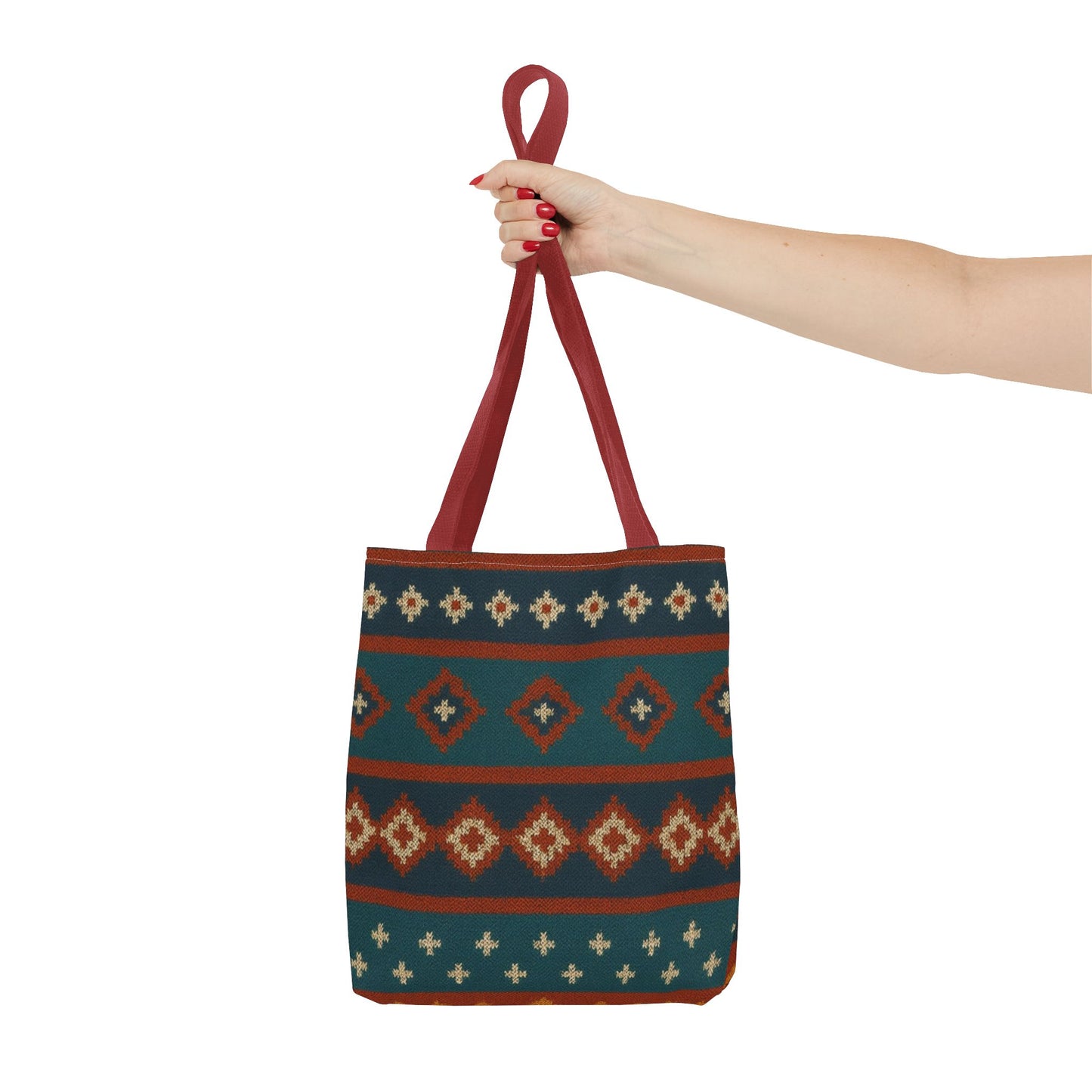 Southwestern diamond pattern tote bag with Aztec tribal geometric print, featuring sturdy handles and vibrant design.