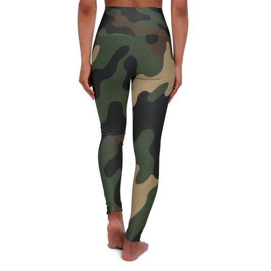 Olive green camo high-waisted yoga leggings with military print from Printify, designed for active wear and comfort.