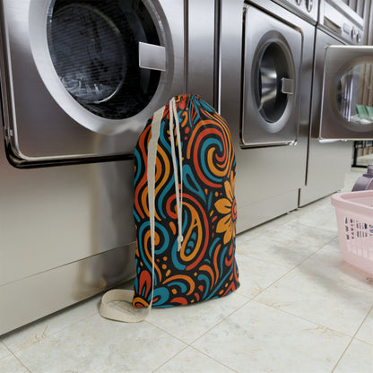 Boho floral swirl laundry bag with drawstring closure, featuring vibrant retro flower patterns and durable fabric by Printify.