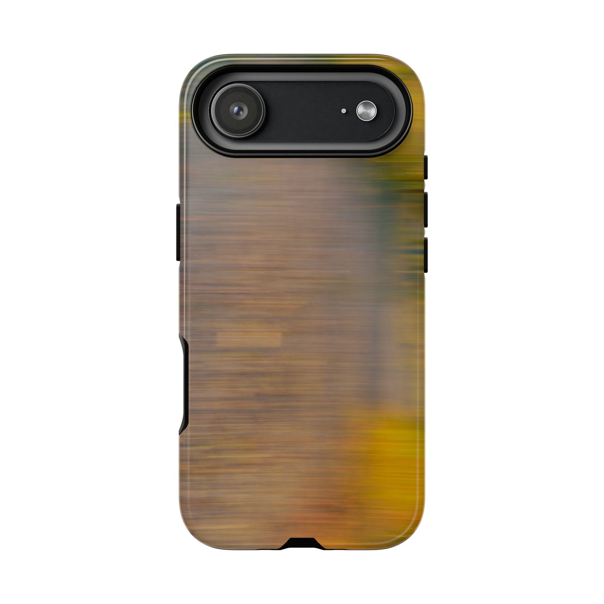 Autumn Blur Tough Phone Case by Printify with vibrant fall colors, protective iPhone cover featuring a blurred autumn landscape design.