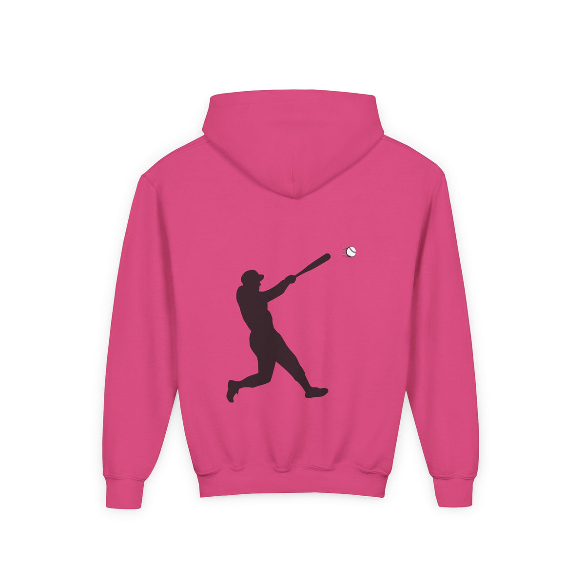 Youth baseball silhouette hoodie for kids, featuring a baseball player graphic on a comfortable pullover from Printify.