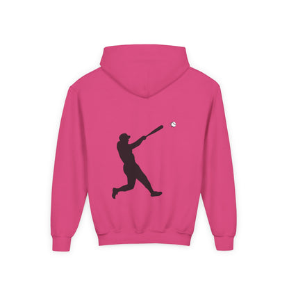 Youth baseball silhouette hoodie for kids, featuring a baseball player graphic on a comfortable pullover from Printify.