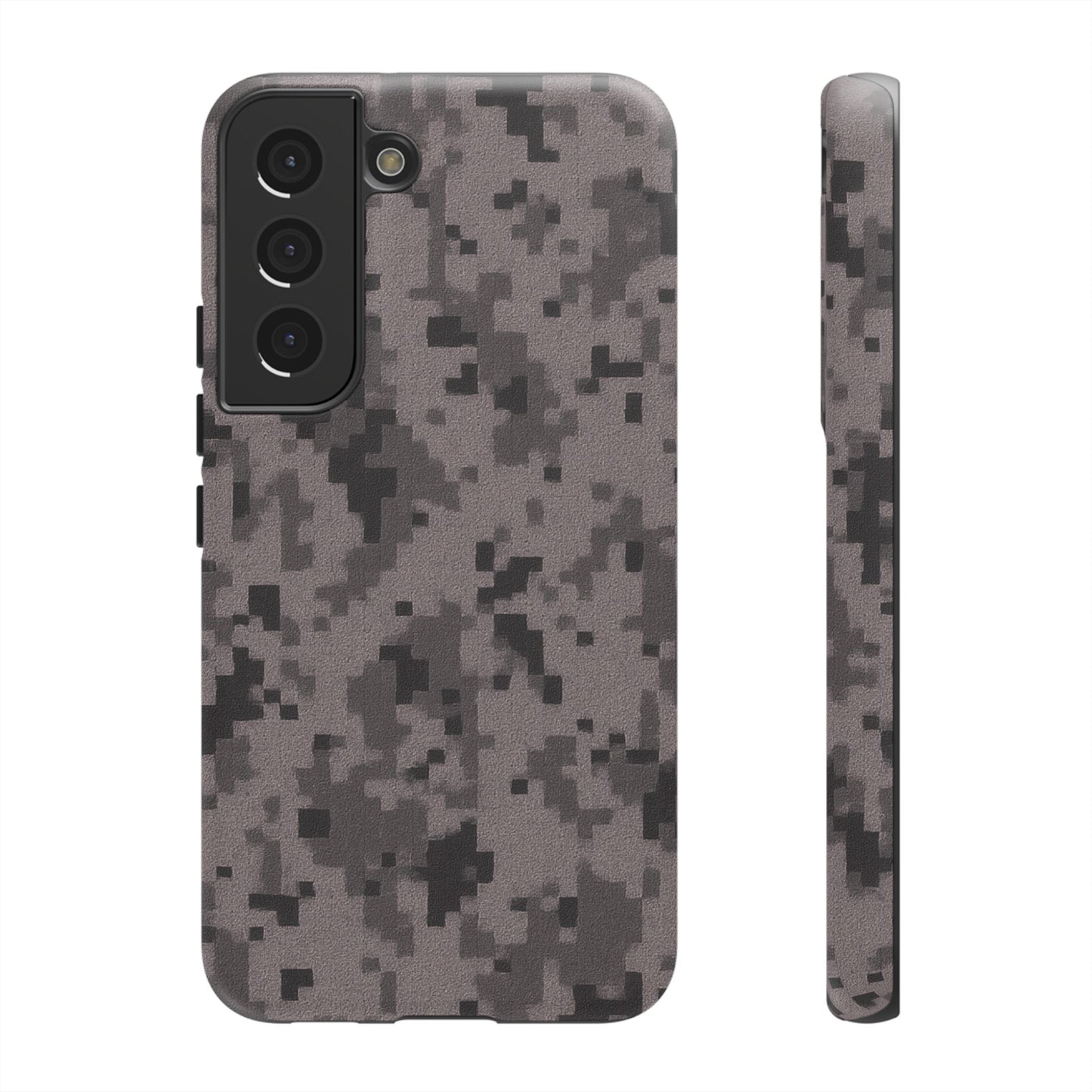 Gray digital camouflage phone case by Printify, rugged protective cover for smartphones with a tough, camouflage design.
